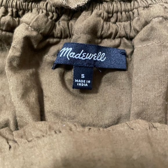 Madewell Womens Smocked Neck Linen Olive Green Puff-Sleeve Mini Dress Sz S - Picture 11 of 13